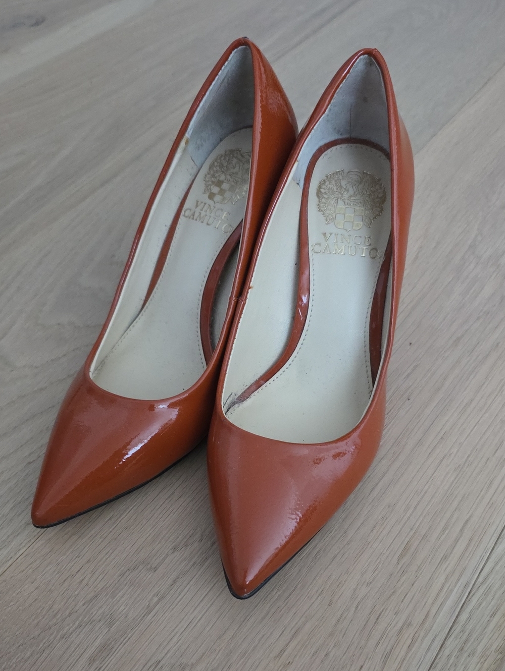Vince Camuto Burnt Orange Patent Pointed-Toe Pumps Unique Heel